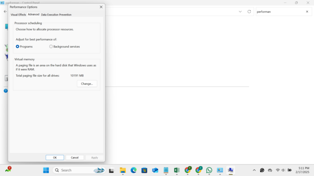 go to performance options in control panel