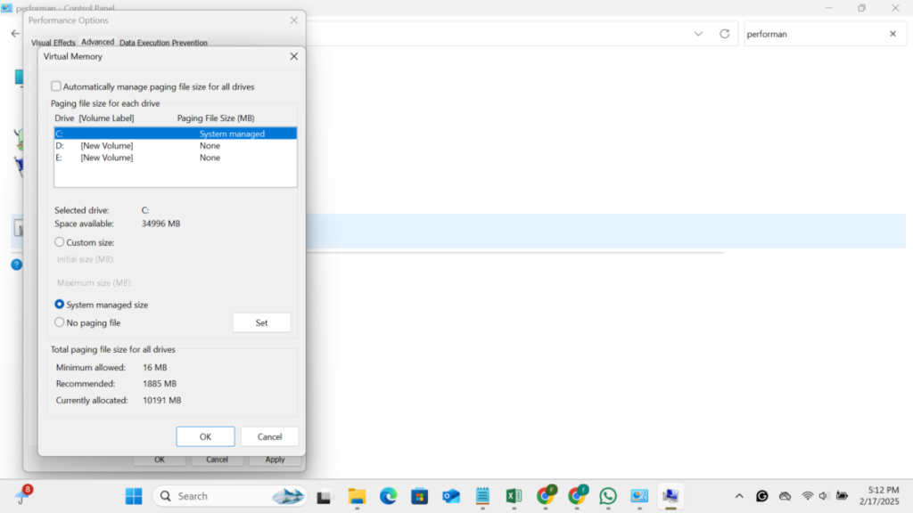 click Settings > Advanced > Change Virtual Memory.